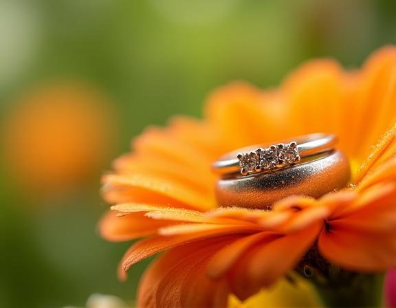 Fotografía macro de dos alianzas de boda sobre un ramo.