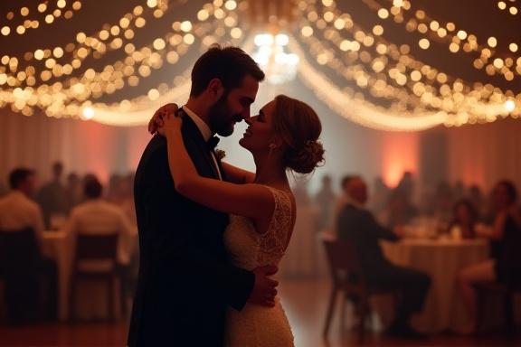 Los novios durante su primer baile en una pista iluminada.
