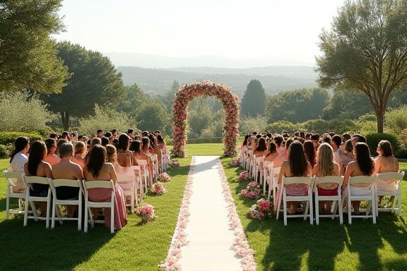 Vista amplia de una ceremonia de boda al aire libre con invitados.