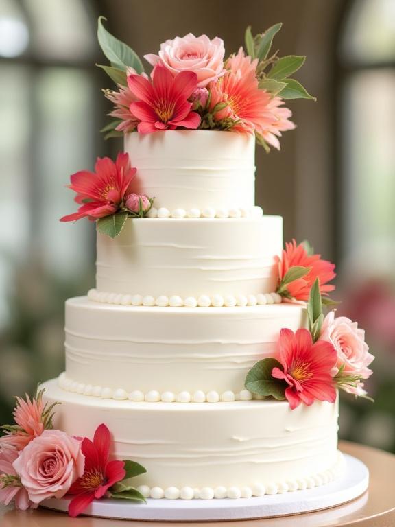 Tarta de boda de varios pisos decorada con flores frescas.