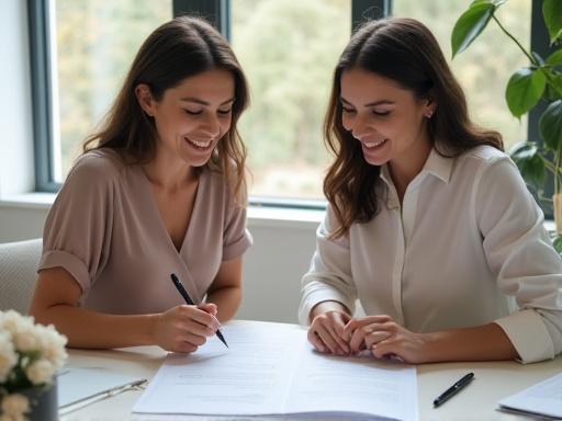 Planificadora de bodas revisando detalles en una agenda con una pareja.